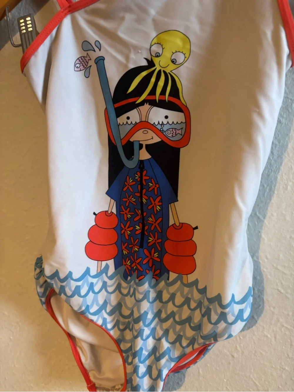 Kids One-Piece Swimsuit with Mermaid Graphic - White & Blue